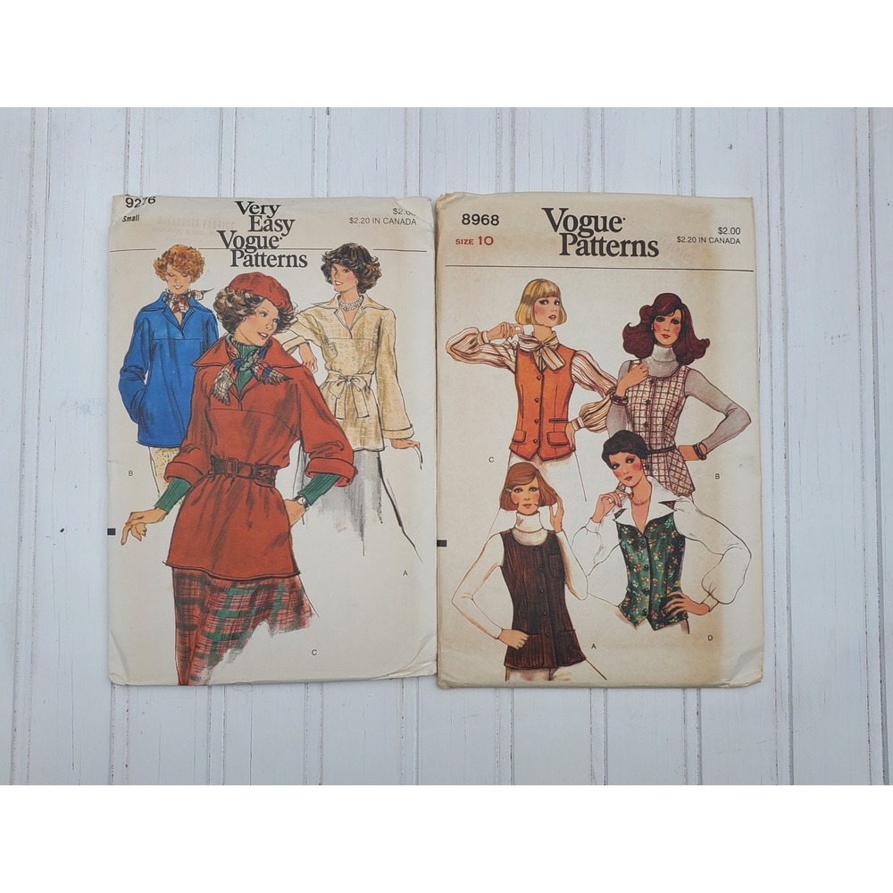 Vintage Vogue Sewing Patterns Lot 9276 Tunic Top & 8968 Misses Vests Size 10 S